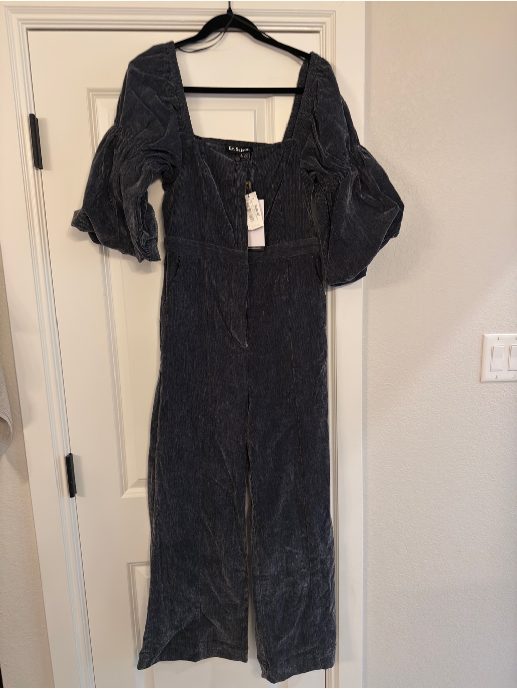 En Saison Striped Charcoal Button-Front Jumpsuit